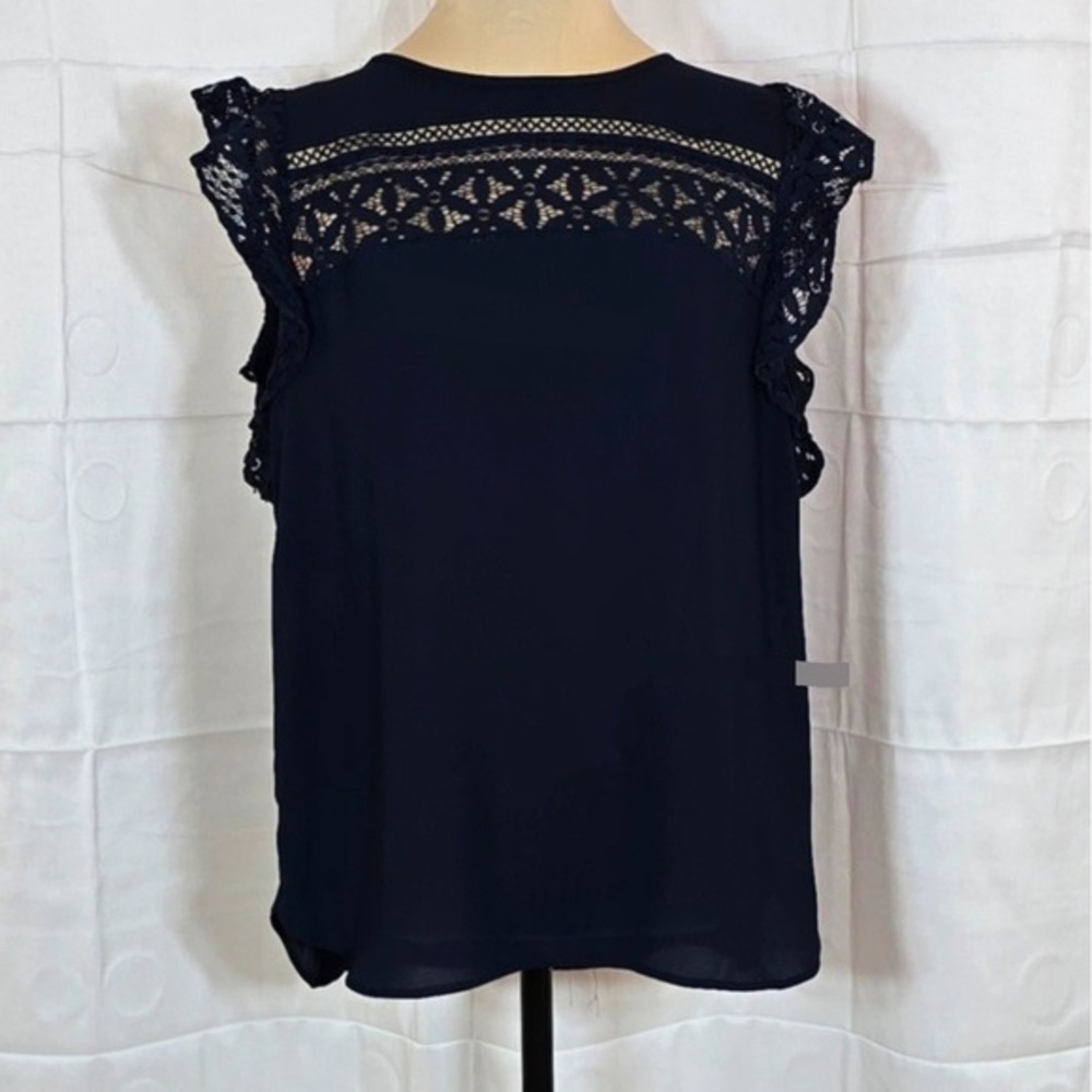 LOFT Womens Navy Blue Lace Crochet Ruffle Sleeve Blouse Top‎ Medium 461026